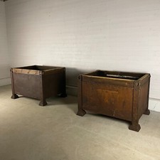 Pair of Large Industrial Riveted Steel Planters with Reclaimed Timber Tops