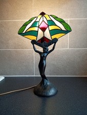 Winged Art Deco Nude Lady Lamp Loevsky L&L WMC 9902 Spelter Stained Glass fan