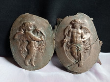 2 Cast Bronze Plaques Cherubs Putti Artist Musical Triangle Unfinished