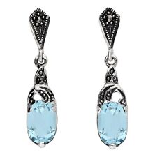 Marcasite And Blue Topaz Stud Dangle Drop Earrings Sterling Silver 925