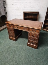 ANTIQUE/REPRODUCTION BURR WALNUT/ELM PEDESTAL/STUDY/CAPTAINS DESK LEATHER TOPPED