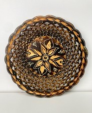 Vintage Romanian Folk Art Hand Carved Wooden Tray Floral Fruit Bowl Tray