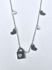 Silver Plated Padlock Heart Love CZ  Cubic Zirconia  Necklace 18-20in Adjustable