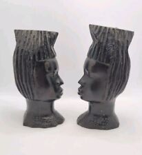 Ebony African Head Figures 6.5" Carved Wooden Tribal Statues Ethnic Art Vintage