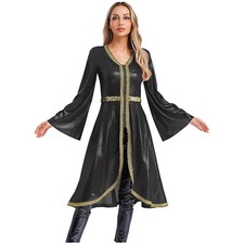 Women Sheer Muslim Abaya Dress Embroidery Flared Sleeve Caftan Cosplay Costume