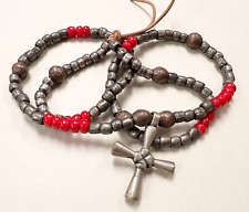 Vintage AFRICAN TRADE BEAD NECKLACE brass, copper, red glass TRIBAL cross GOTH