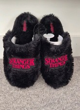Stranger Things Fluffy Black Slippers In Gift Bag Size M UK 5-6