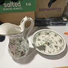 Vintage Floral 16 1/2" Water Pitcher Jug & 14 5/8"x 2 7/ 8" Wash Basin Bowl RARE