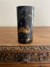 ANTIQUE ORIENTAL BLACK GOLDEN BIRD DESIGN CYLINDRICAL TEA CADDY VESSEL