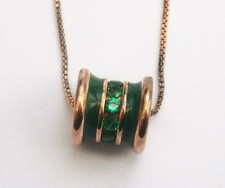 N929) 925 sterling Silver Gold plated Green Enamel Barrel Pendant chain Necklace