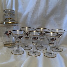 Antique Glass Cocktail Shaker And 6 Glasses With Enamelled Cockerel Motif