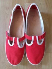 Hotter Dorothy Red Canvas Retro Flat T Bar Sandal Dolly Shoe Pumps 6 Hols Summer