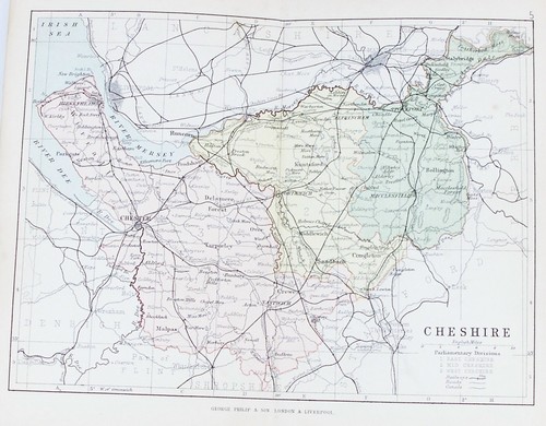 Old antique map - cheshire, c1882