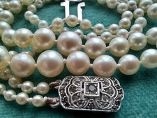 Art Deco Style Double Cultured Akoya Pearls Necklace Sterling Paste Clasp