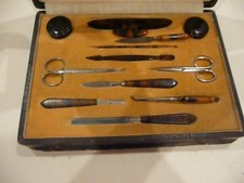 Manicure boxed set, faux tortoiseshell tools, Victorian / Georgian ?