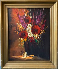 Oil Painting Still Life With Red Flowers Signed 1970s Expressive