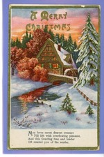 OLD VINTAGE EMBOSSED CHRISTMAS POSTCARD WINTER SNOW SCENE WATERMILL BRIDGE XMAS