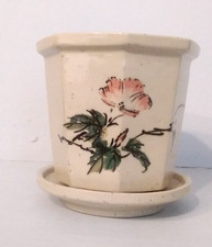 Vintage Stoneware Plant Pot & Saucer Handpainted Pink Flower Japanese? Korean?
