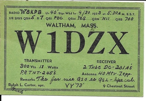 Qsl 1933 waltham radio - qsl,