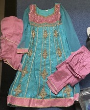 Ladies Indian Churidar Suit Blue With Pink Gold Jewel Embellishment Size Small S