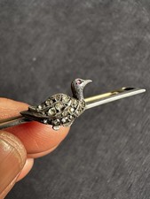 Vintage Tested Silver Paste Paving Bird W/ Ruby Eye Bar Brooch