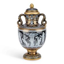 Large impressive reproduction pate sur pate twin handle gilded lidded vase 38 cm