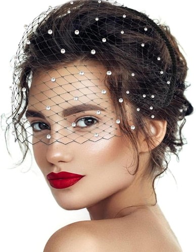 Black fascinator hat with veil - black,