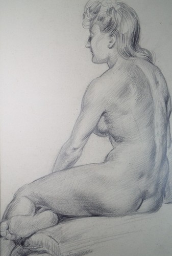 Pencil drawing seated nude - drawing, nude'