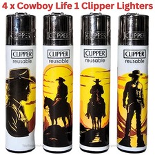 4 x Clipper Lighters COWBOY LIFE 1 Rare Design Full Set Gas Refillable Flint UK