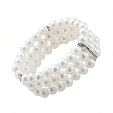 Pearl Bracelet 3 Rows Stretch Cream Ivory Beads Wedding Vintage Elegant Bangle