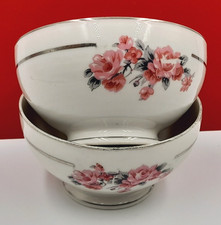 2 Large Vintage French Ceramic Café au Lait Coffee Bowls Pink Flowers  A1954