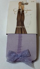 NEW JESSICA SIMPSON FISHNET LAVENDER BACK STRIPE BOW FOOTLESS TIGHTS  S/M