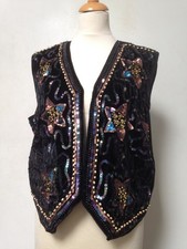 Vintage waistcoat O/S black velvet and satin, sequin and beaded front