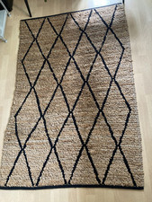 Large Jute Wool Rug Geometric Hand Woven Natural Black 120 x 180 cm Exc Cond