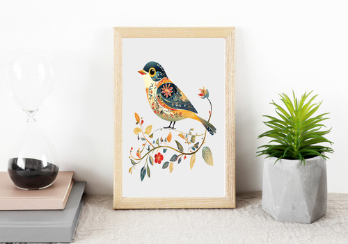 Folk art print - blue, bird