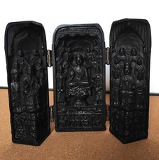 Vintage Chinese Carved Buddhist Foldable Holy Triptych Shrine 
