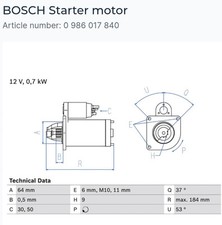 BOSCH 0 986 017 840 Starter motor12V, 0,7kW, Nuumber of Teeth: 9, 50, 30 (XX09)