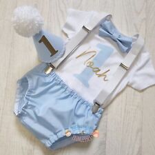 Blue, white & gold personalised baby boys 1st birthday cake smash outfit