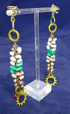  EARRINGS CLIP ON HANDMADE GLASS SEED BEAD METAL COGS DANGLE STATEMENT LONG