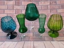 COLLECTION OF 5 OVERSIZED VINTAGE GREEN/BLUE BRANDY GLASSES+VASES