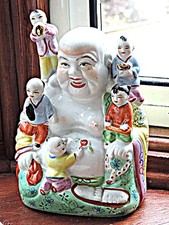Chinese Porcelain Laughing Budai Buddha Five Children Famille Rose 22cm Figurine