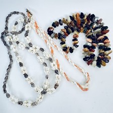 3 Vintage Necklaces Costume Jewellery Rice Pearl Coral Semi Precious Stone Shell