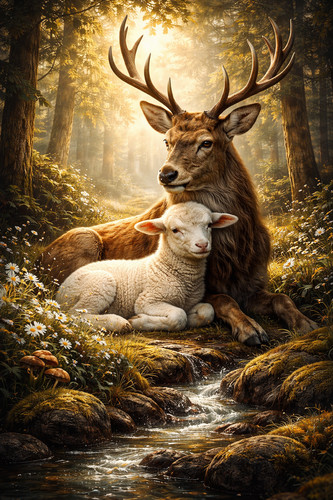 Stag and lamb cute woodland - lamb,