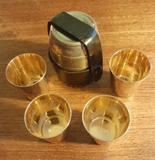Set Of 4 Nested Shot/dram Cups/glasses In Barrel Shaped Case With Leather Cover.