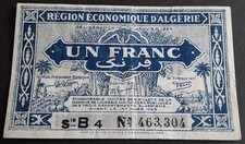 1944 ALGERIA (French Colony) UN FRANC P#98a 1st ISSUE 31/01/1944 BANKNOTE