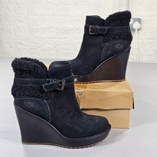 UGG Womens Boots Black 4.5 UK Anais Wedge Heel Ankle Bootie Suede