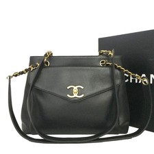 EGA CHANEL CC Logo Grained Calfskin Chain Shoulder Tote Bag Black*/2BH2084