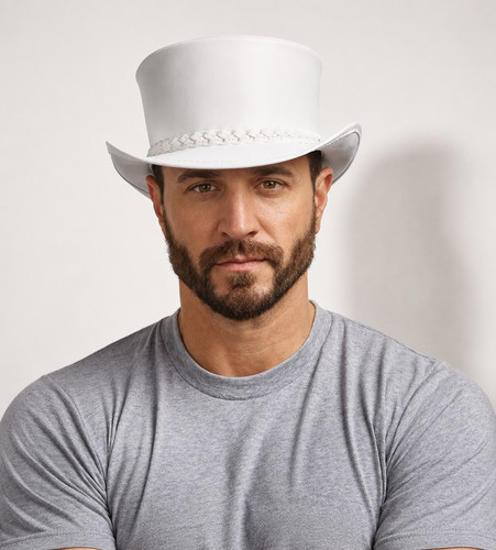 Handmade white leather top hat - top,