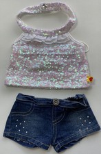 Build A Bear White Sequin Halter Neck Vest Top Denim Shorts Outfit Girls
