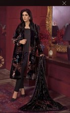 Pakistani Designer Gul Ahmed Velvet Plachi Black 4pcs Stitched Suit Size UK08/10